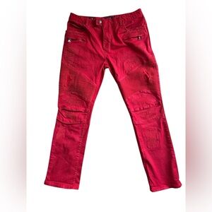 Damati Jeans Red Biker Moto Pants Men's 17x31.25 Distressed Zipper Pockets 36/32